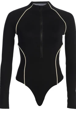 JLUXLABEL Black Rise Up Zip Front Bodysuit