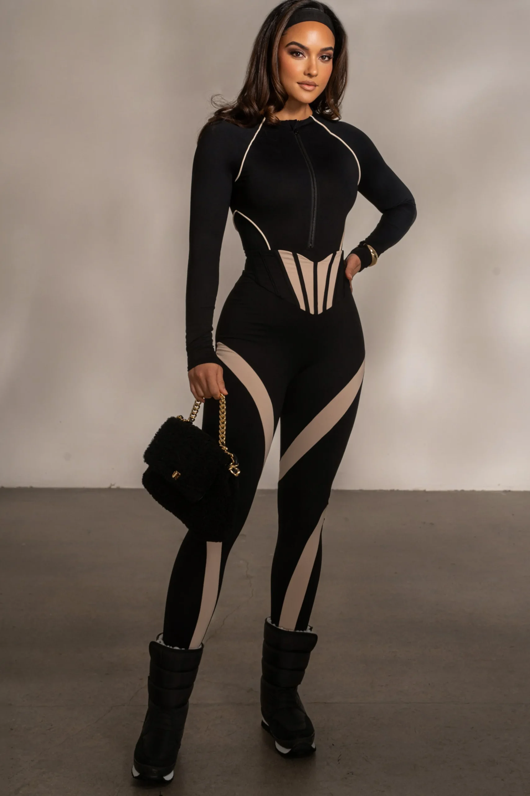 JLUXLABEL Black Rise Up Zip Front Bodysuit
