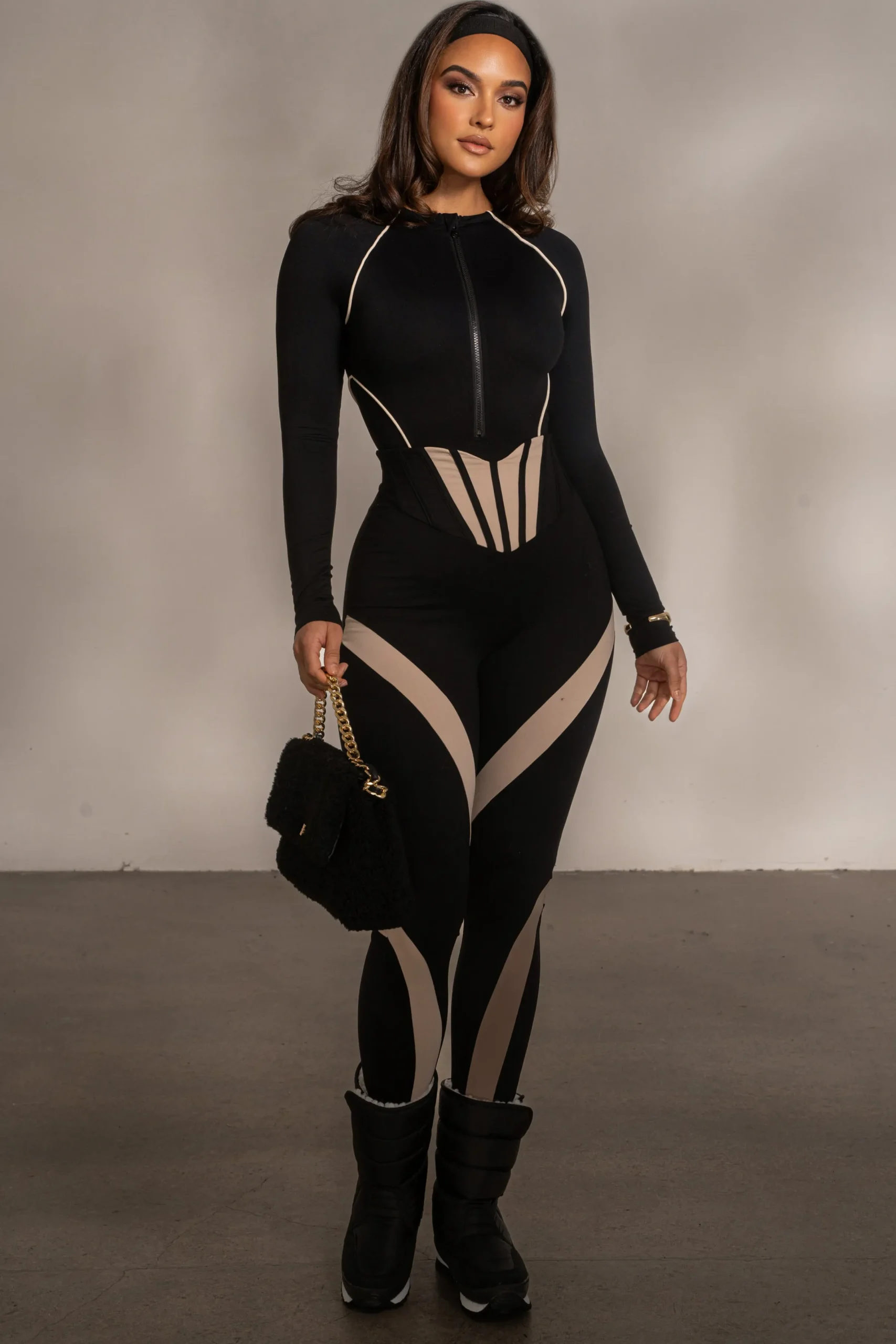 JLUXLABEL Black Rise Up Zip Front Bodysuit