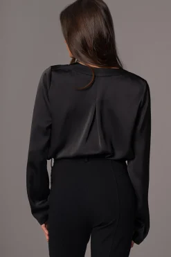 JLUXLABEL Black Satin Draped Top