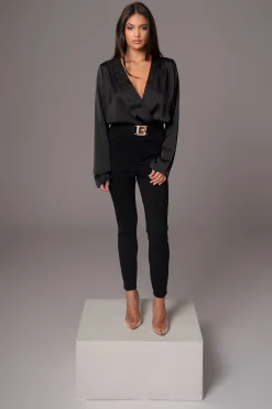 JLUXLABEL Black Satin Draped Top
