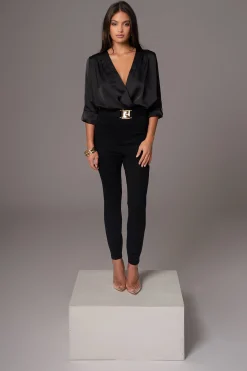 JLUXLABEL Black Satin Draped Top