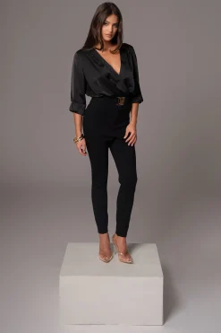 JLUXLABEL Black Satin Draped Top