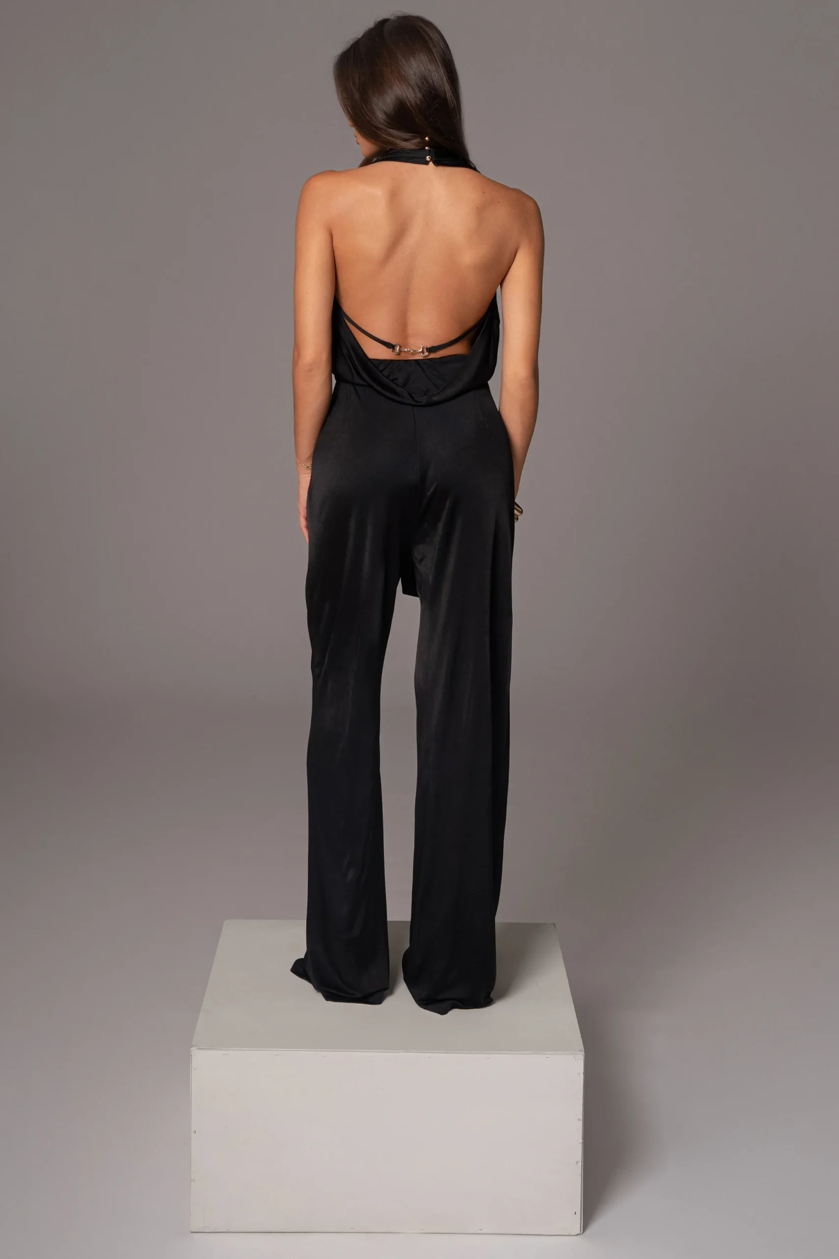 JLUXLABEL Black Slinky Halter Belted Jumpsuit
