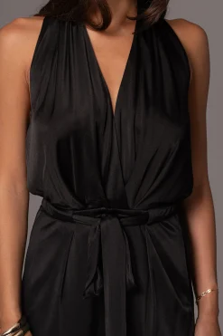 JLUXLABEL Black Slinky Halter Belted Jumpsuit