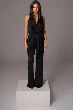 JLUXLABEL Black Slinky Halter Belted Jumpsuit