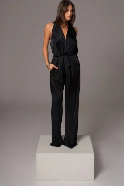 JLUXLABEL Black Slinky Halter Belted Jumpsuit
