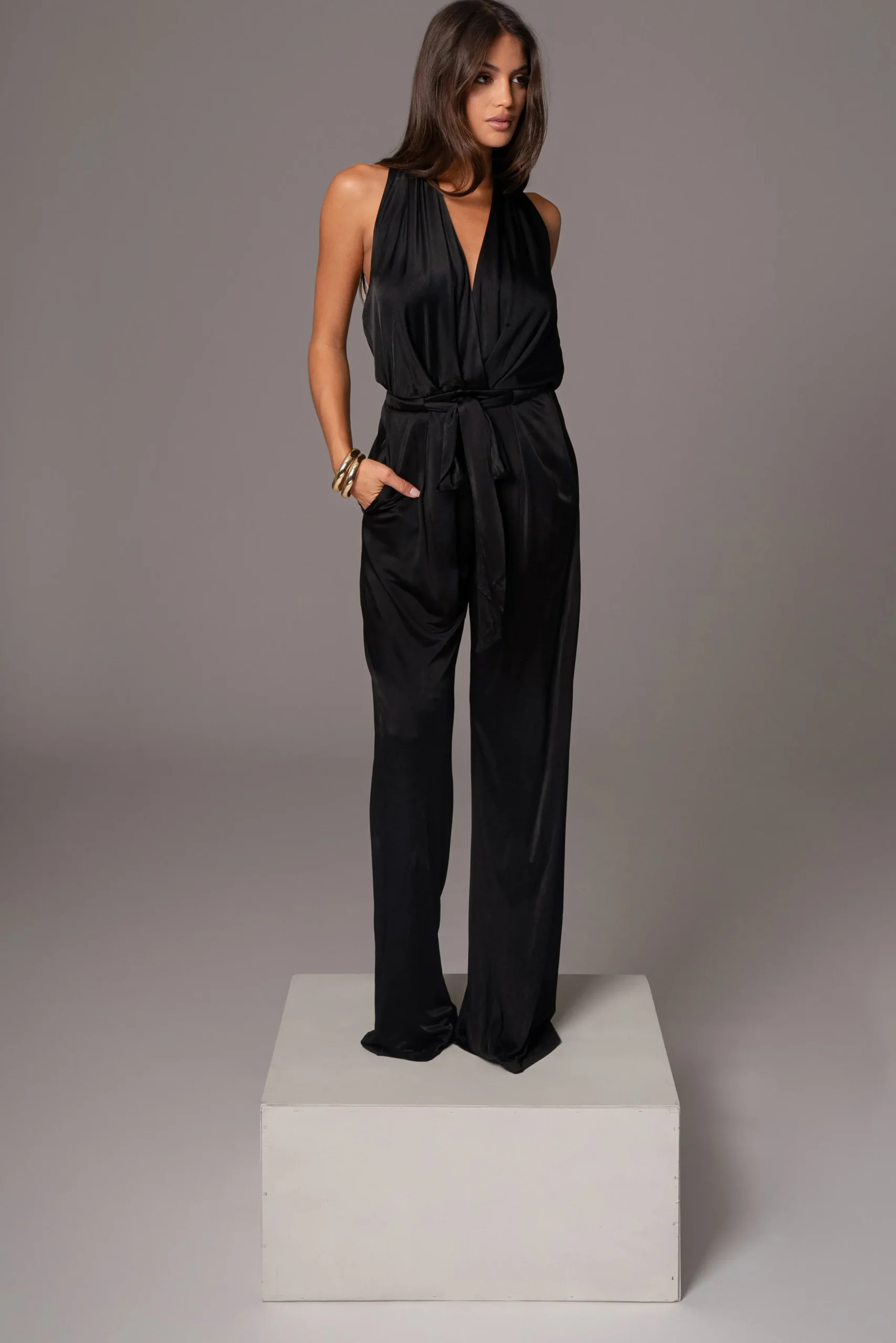JLUXLABEL Black Slinky Halter Belted Jumpsuit
