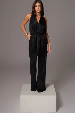 JLUXLABEL Black Slinky Halter Belted Jumpsuit