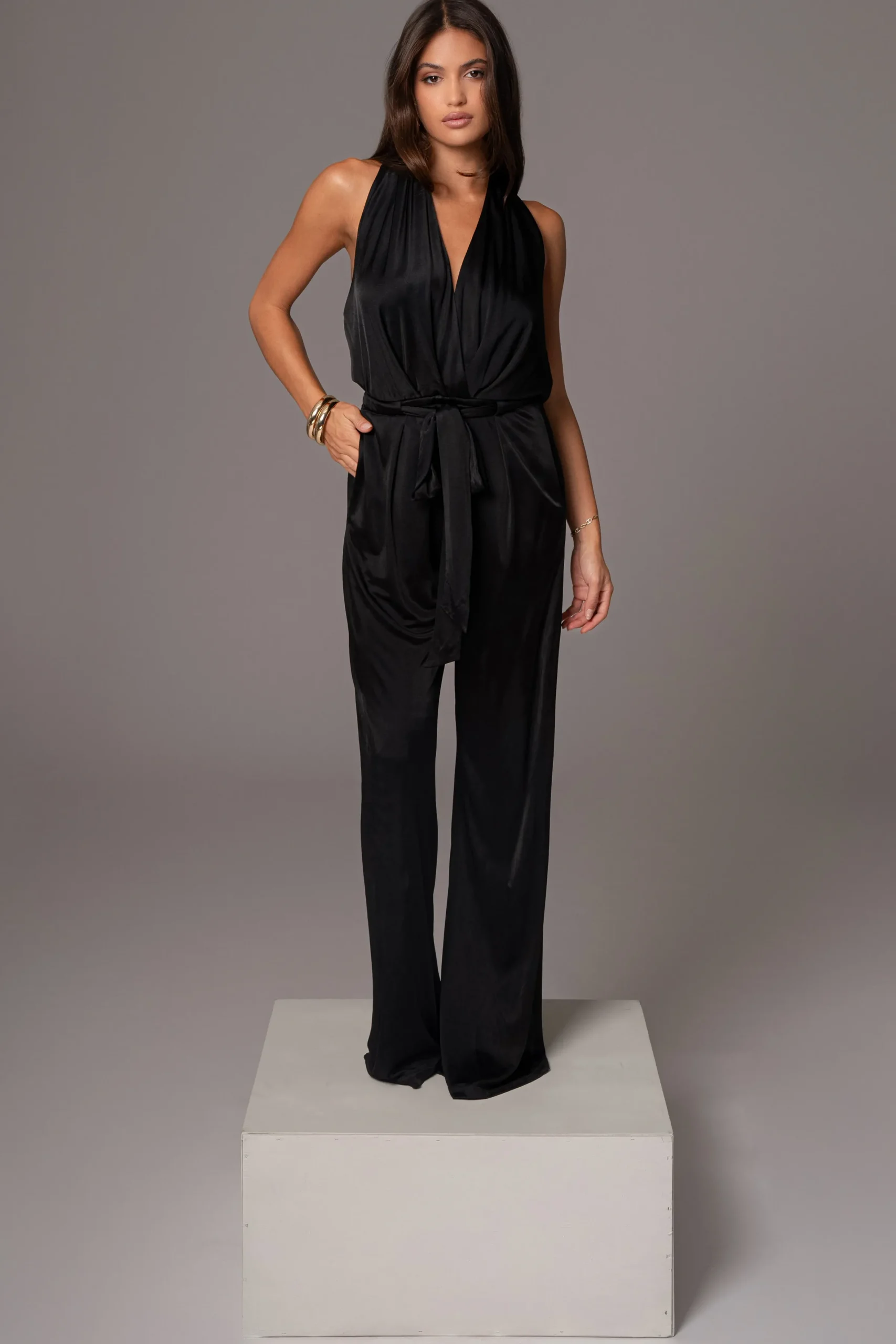 JLUXLABEL Black Slinky Halter Belted Jumpsuit
