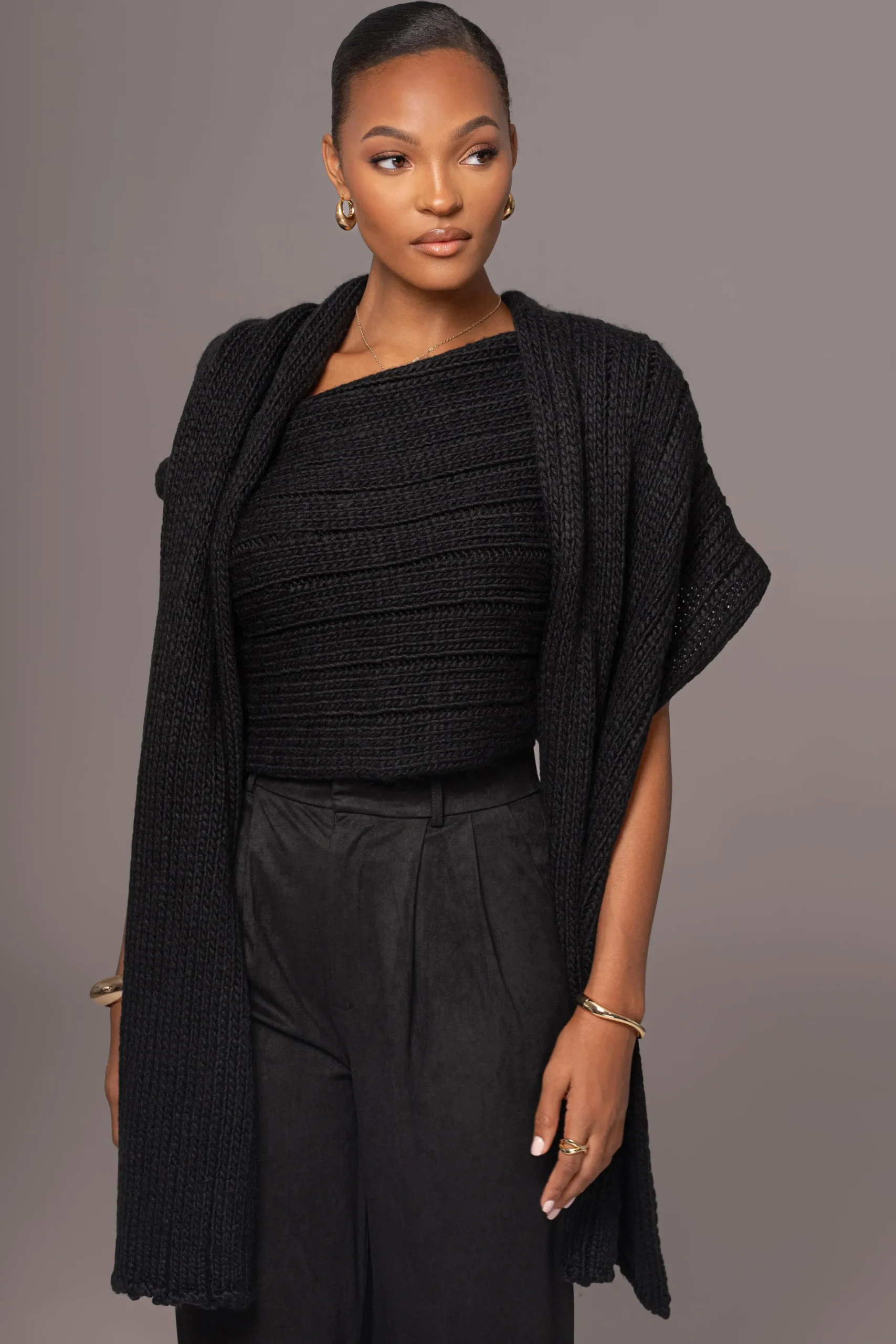 JLUXLABEL Black Soft Life Cable Knit Sweater Top