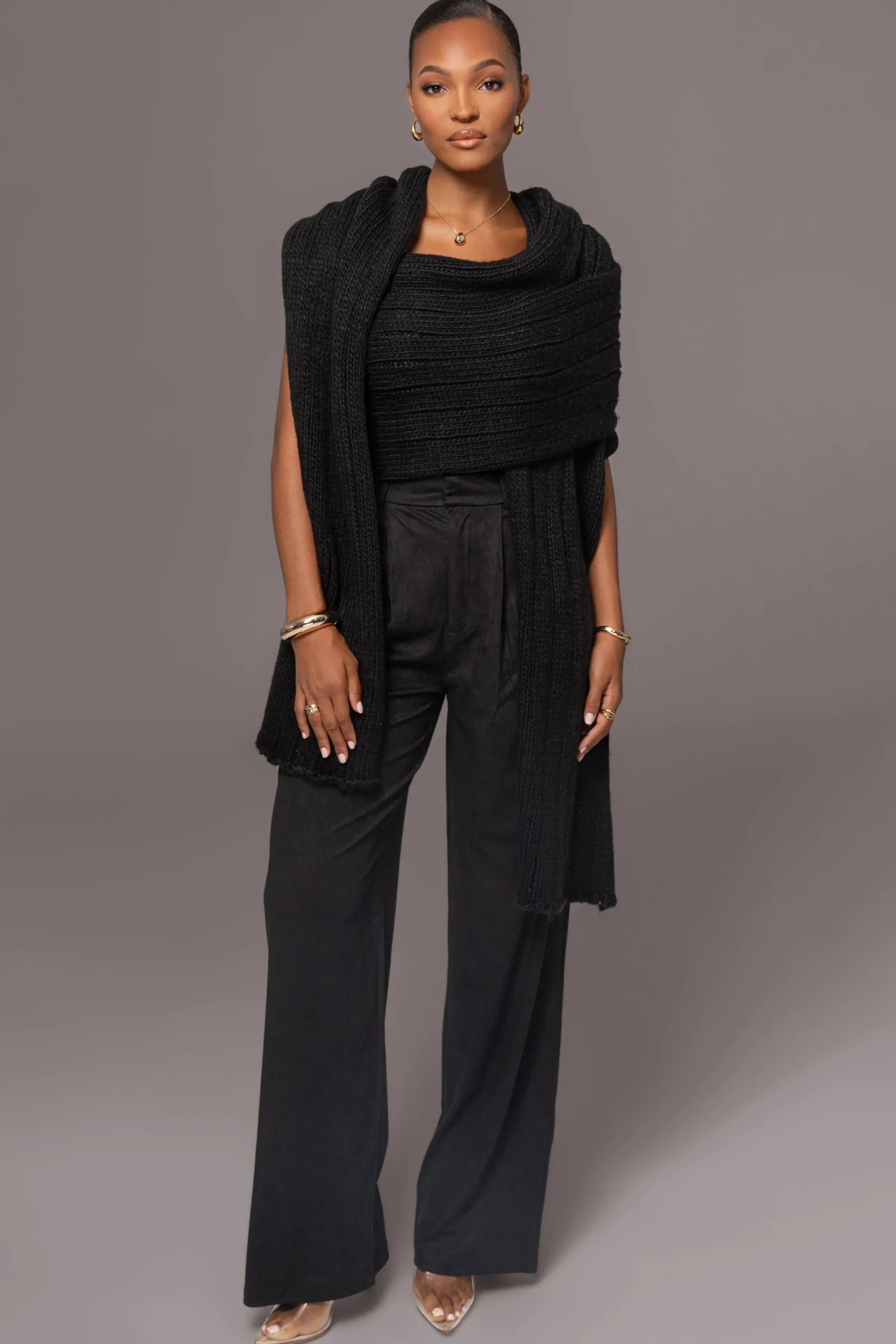 JLUXLABEL Black Soft Life Cable Knit Sweater Top