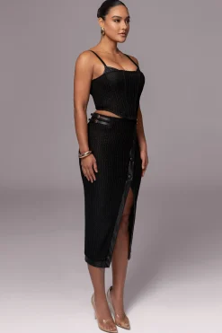JLUXLABEL Black Textured Mystique Midi Skirt