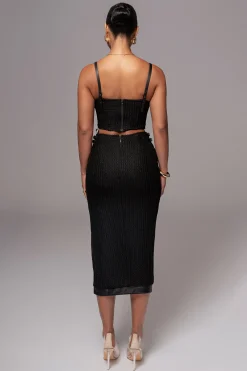 JLUXLABEL Black Textured Mystique Midi Skirt