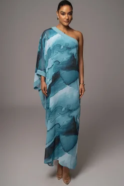 JLUXLABEL Blue Abstract Mariel One Shoulder Maxi Dress