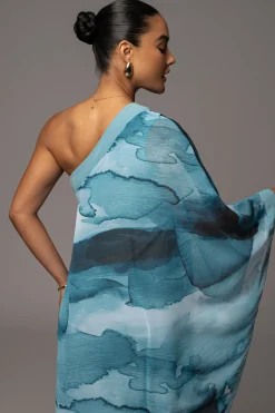 JLUXLABEL Blue Abstract Mariel One Shoulder Maxi Dress