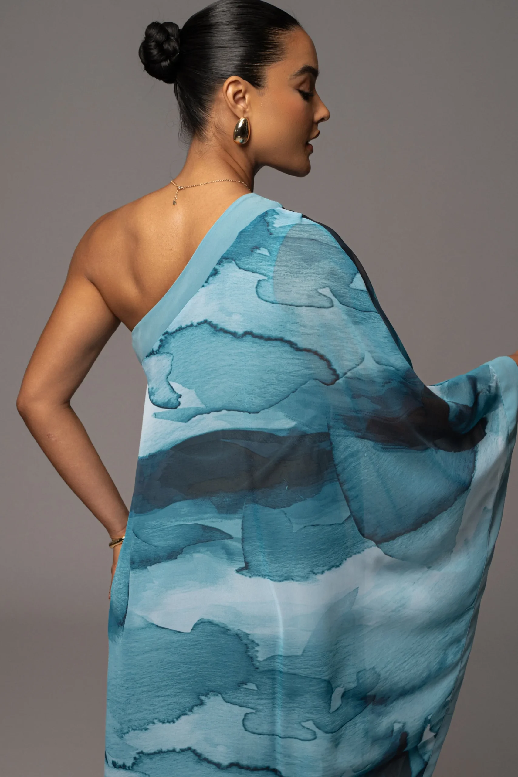 JLUXLABEL Blue Abstract Mariel One Shoulder Maxi Dress