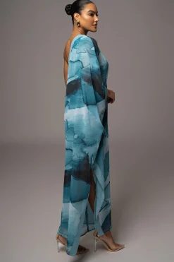 JLUXLABEL Blue Abstract Mariel One Shoulder Maxi Dress