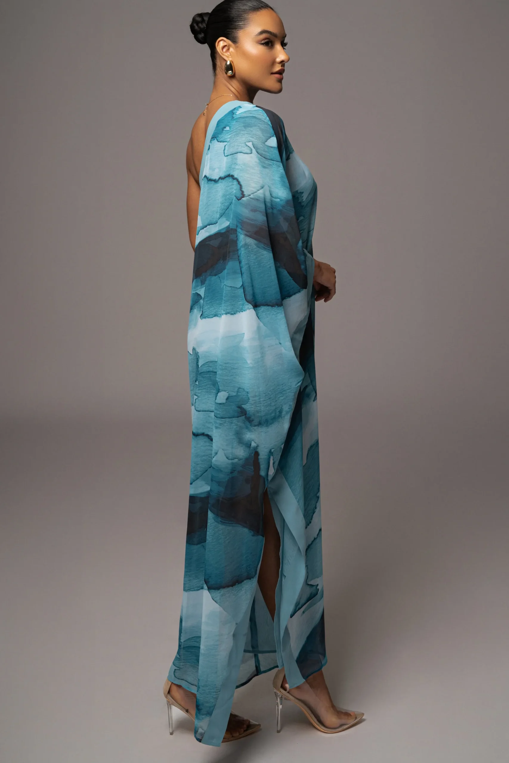 JLUXLABEL Blue Abstract Mariel One Shoulder Maxi Dress