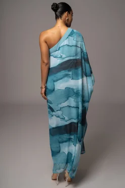JLUXLABEL Blue Abstract Mariel One Shoulder Maxi Dress