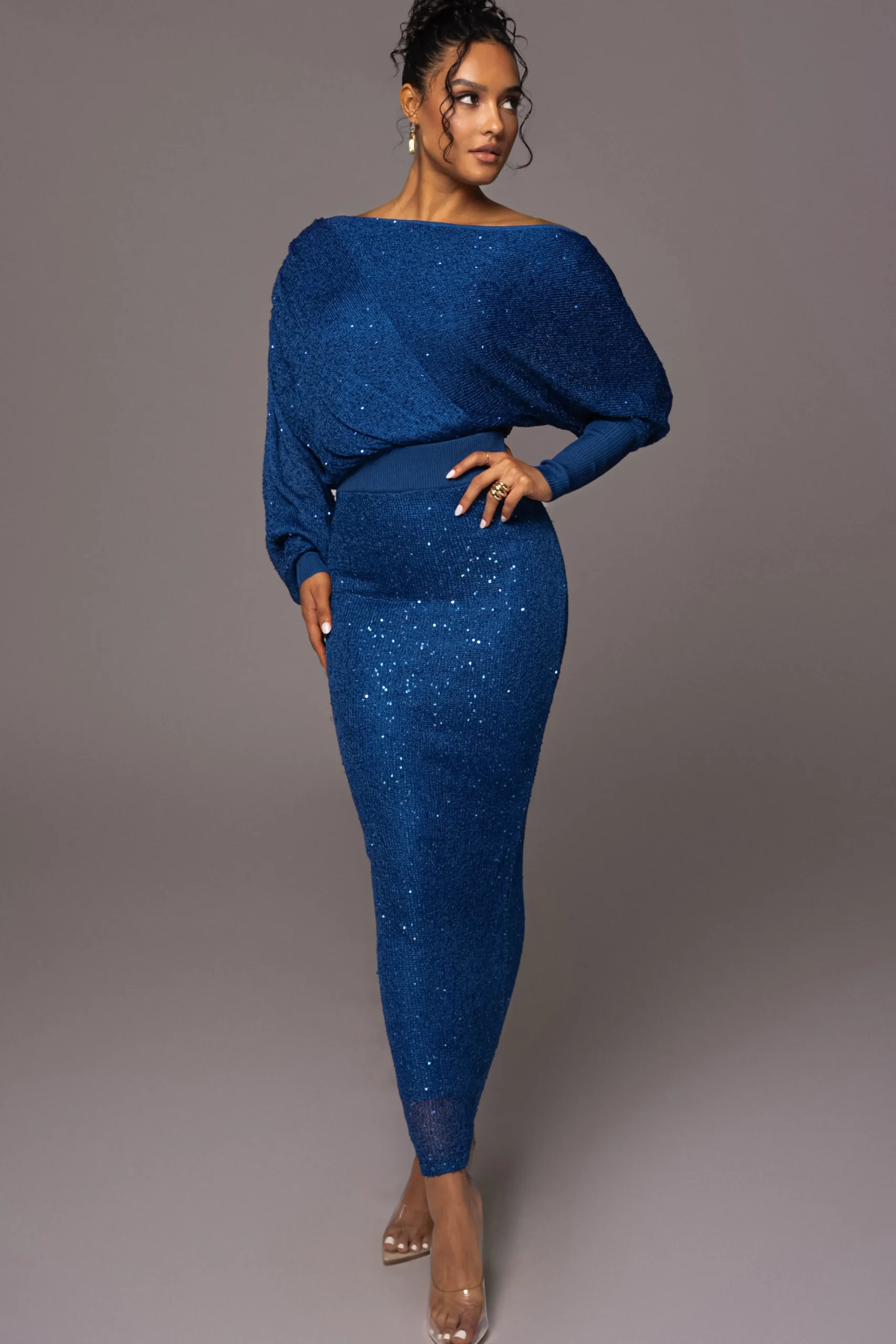 JLUXLABEL Blue Night Sky Sequin Skirt Set