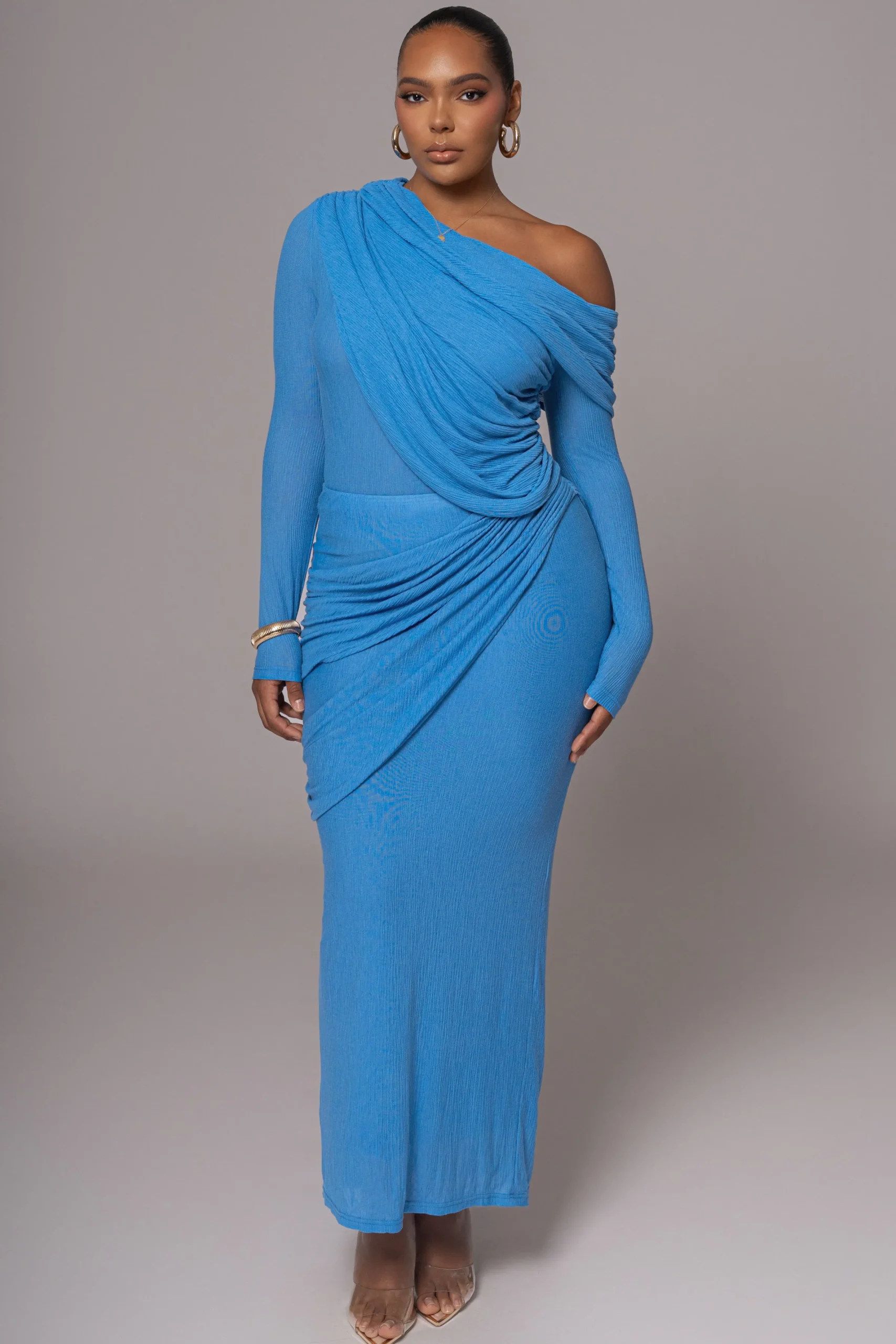 JLUXLABEL Blue Textured One Shoulder Bodysuit
