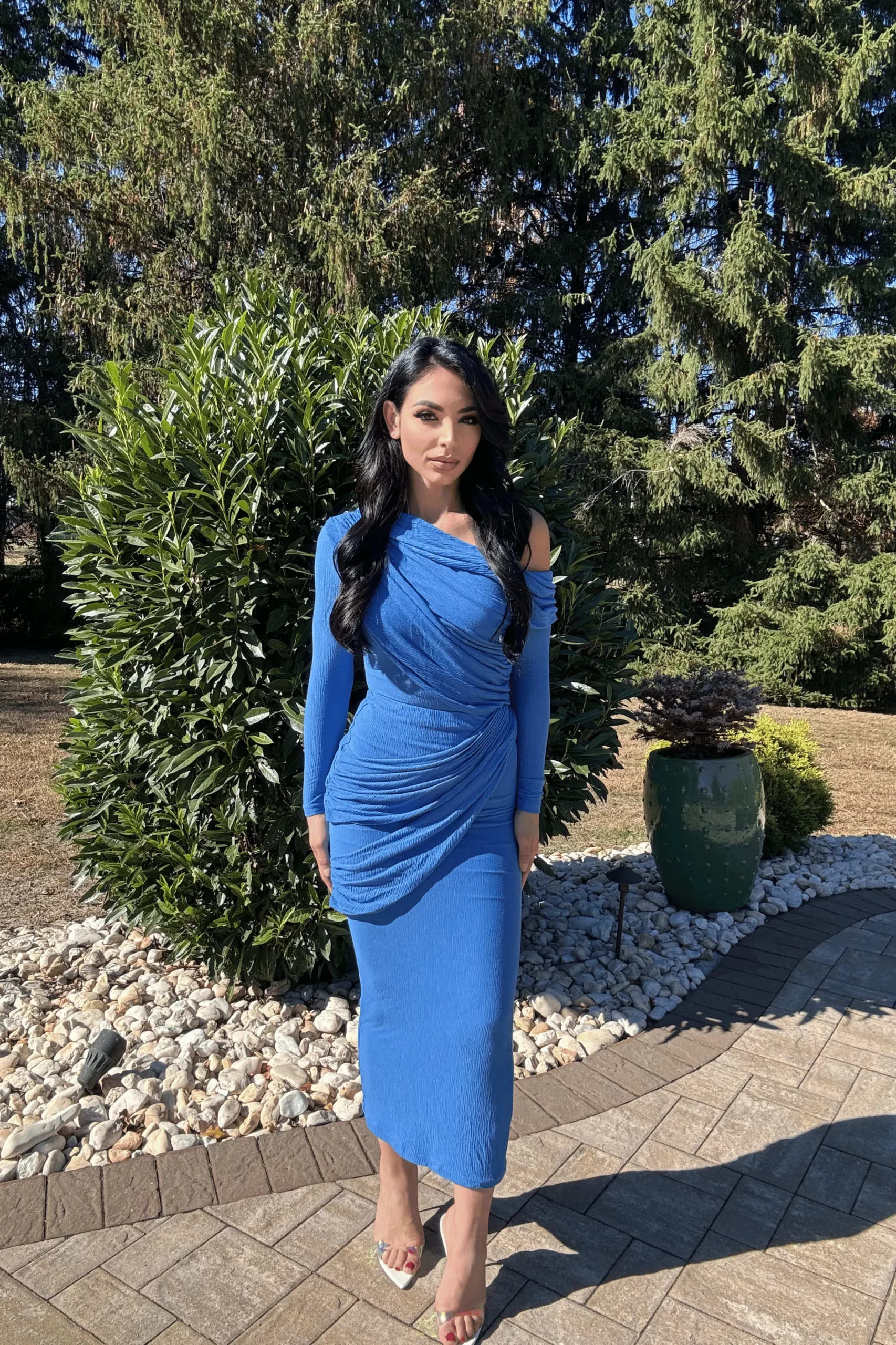 JLUXLABEL Blue Textured One Shoulder Bodysuit