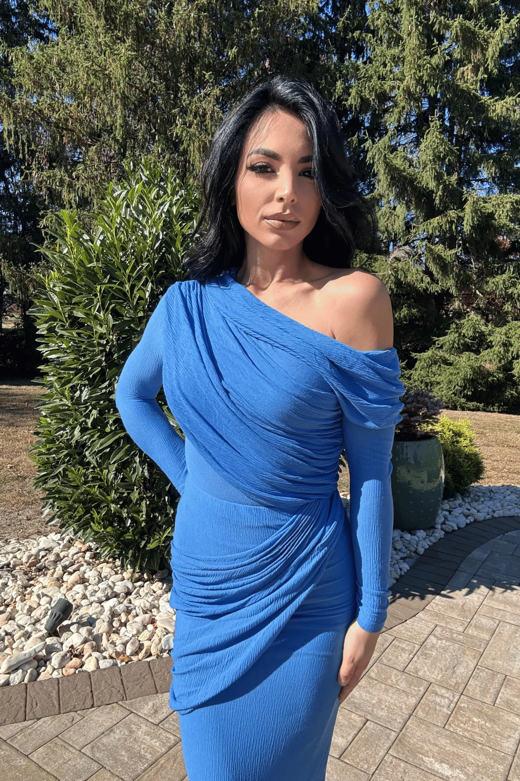 JLUXLABEL Blue Textured One Shoulder Bodysuit