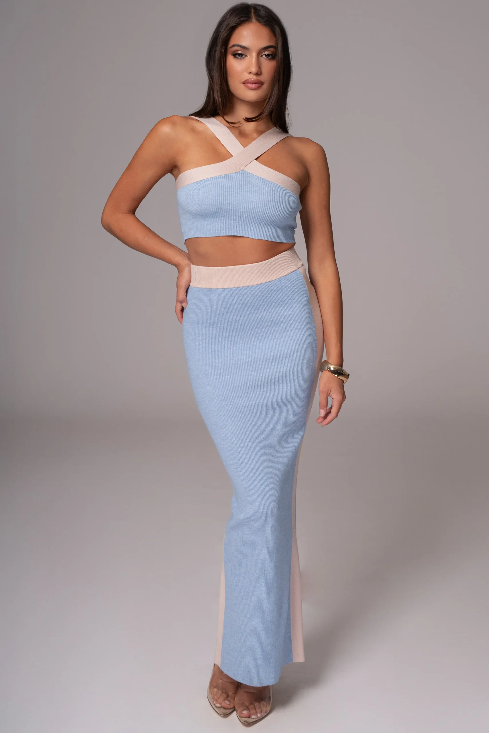 JLUXLABEL Blue/Beige Heartbreaker Two-Piece Skirt Set