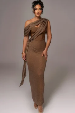 JLUXLABEL Bronze Metallic Celestina Draped Maxi Dress