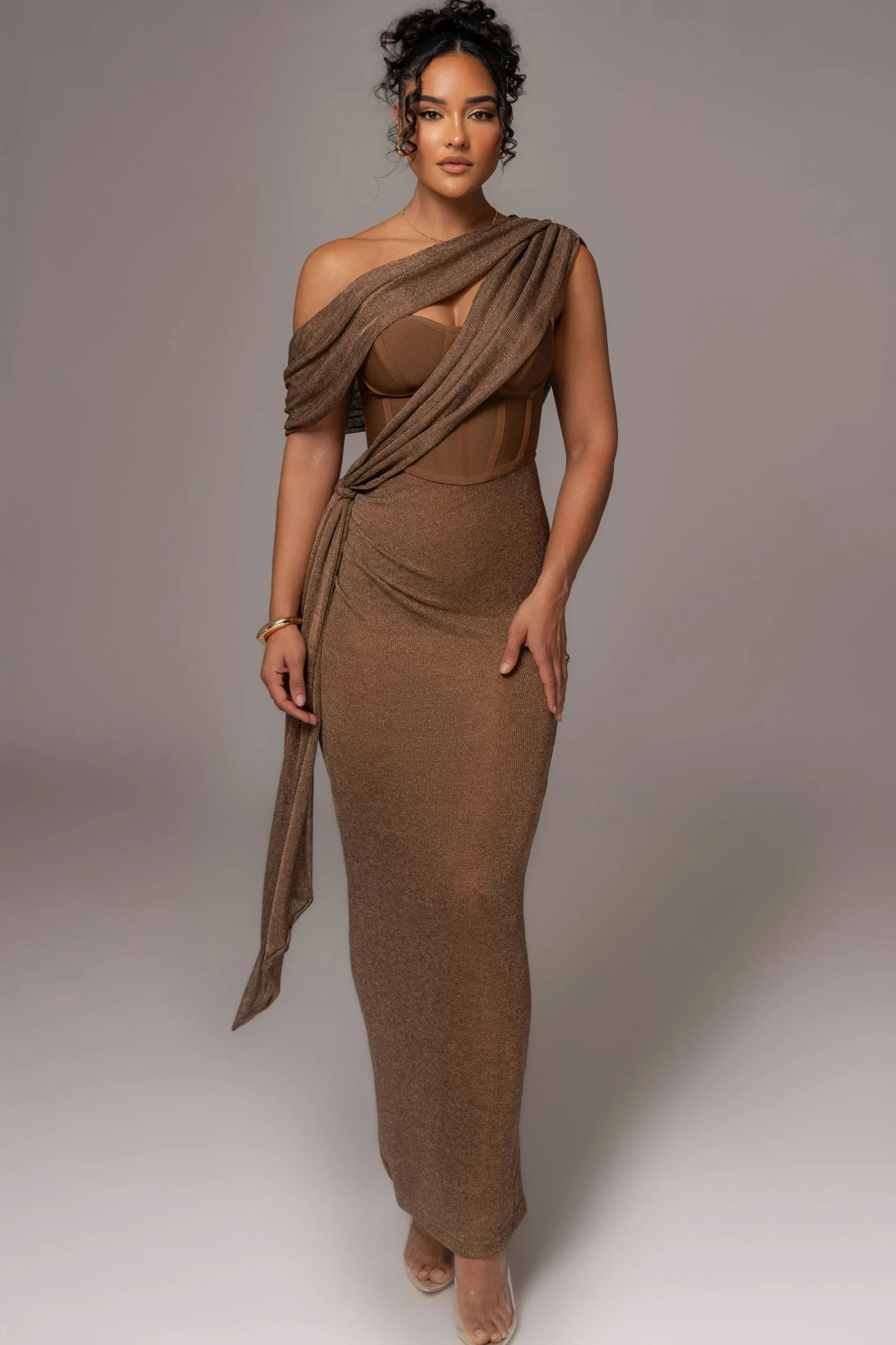 JLUXLABEL Bronze Metallic Celestina Draped Maxi Dress
