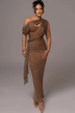 JLUXLABEL Bronze Metallic Celestina Draped Maxi Dress
