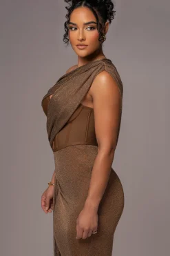 JLUXLABEL Bronze Metallic Celestina Draped Maxi Dress