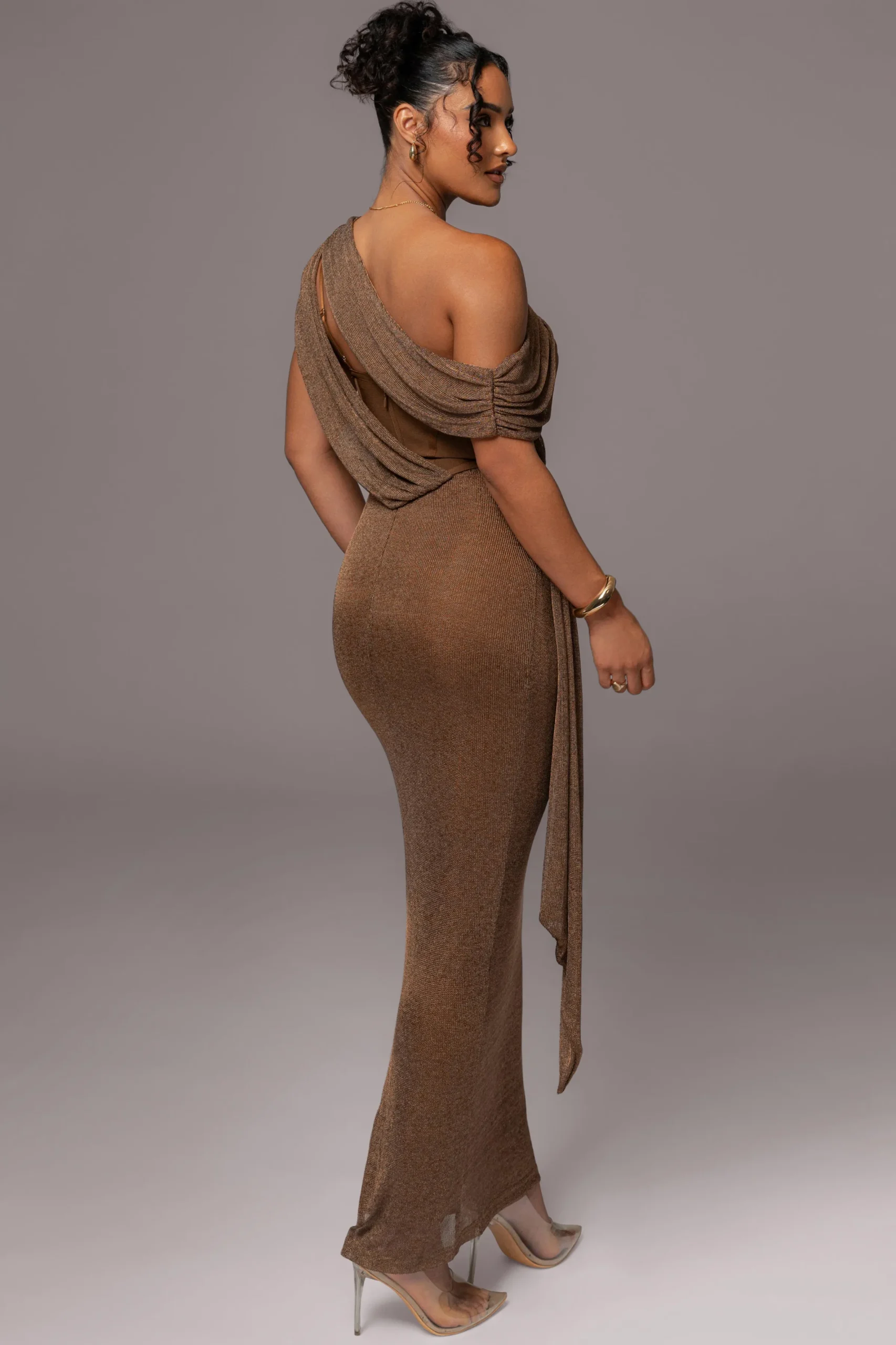 JLUXLABEL Bronze Metallic Celestina Draped Maxi Dress