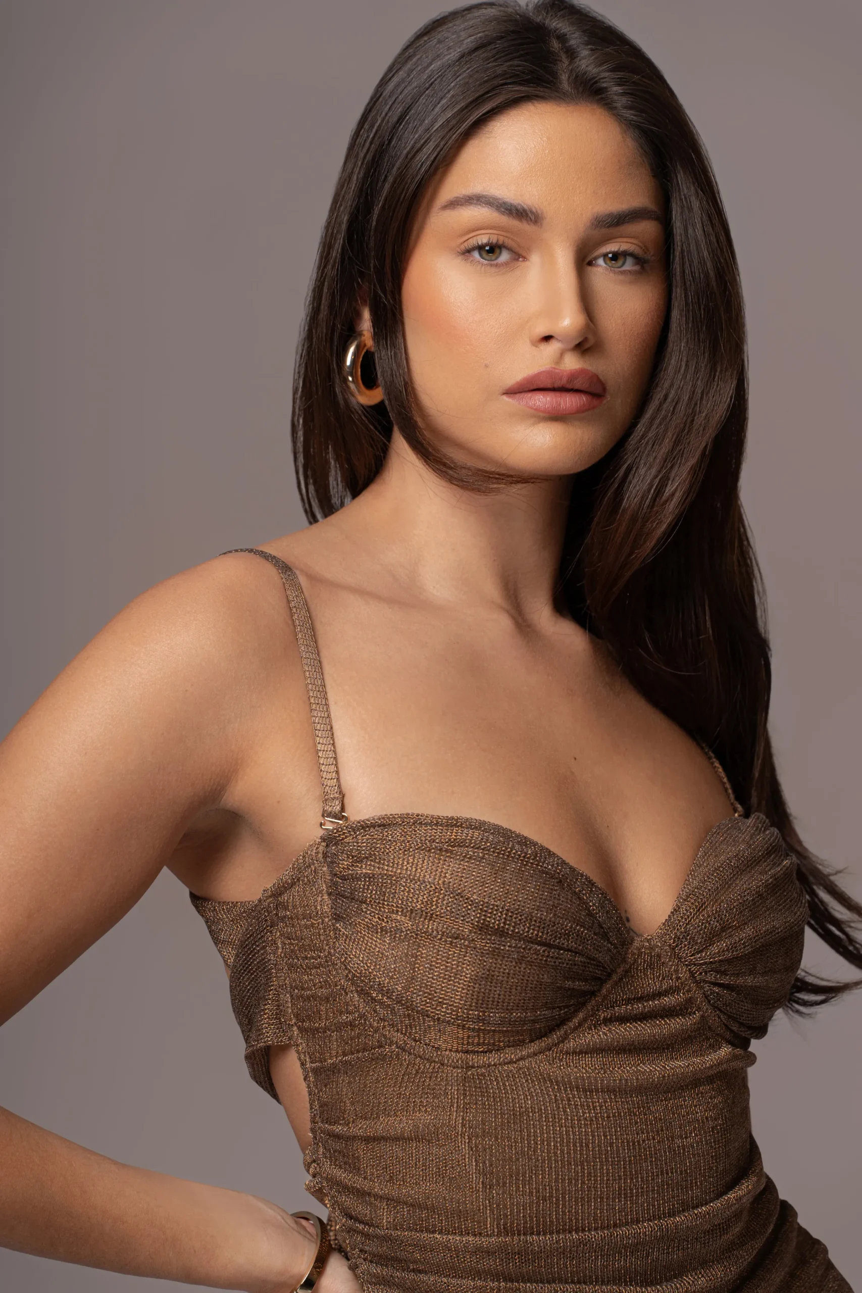 JLUXLABEL Bronze Ruched Metallic Maxi Dress