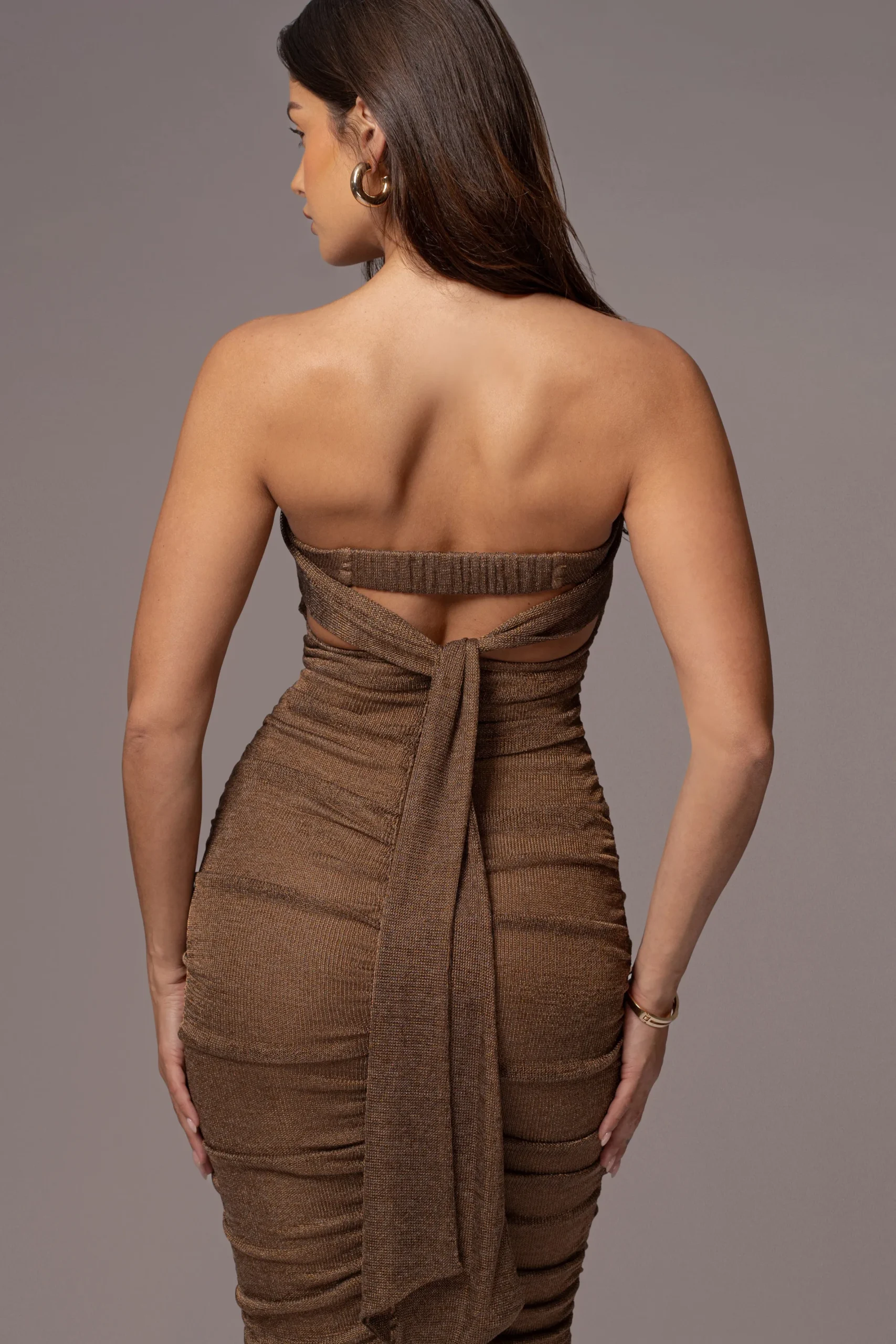 JLUXLABEL Bronze Ruched Metallic Maxi Dress