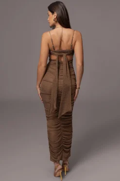 JLUXLABEL Bronze Ruched Metallic Maxi Dress