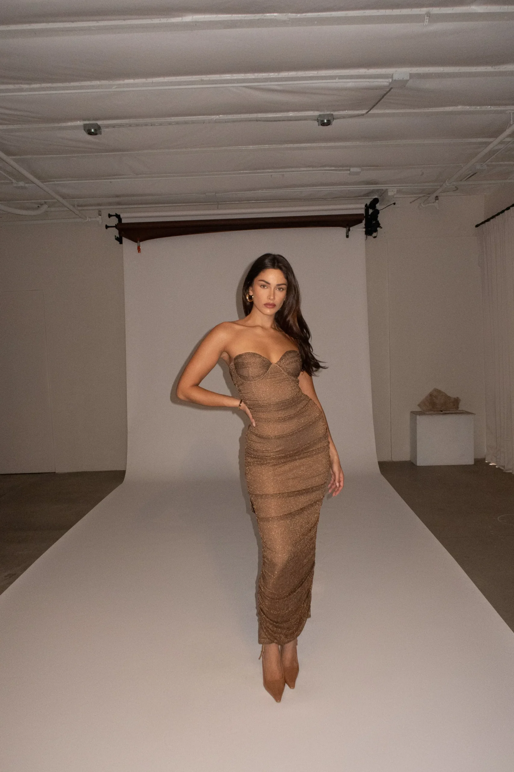 JLUXLABEL Bronze Ruched Metallic Maxi Dress