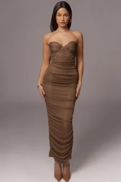 JLUXLABEL Bronze Ruched Metallic Maxi Dress