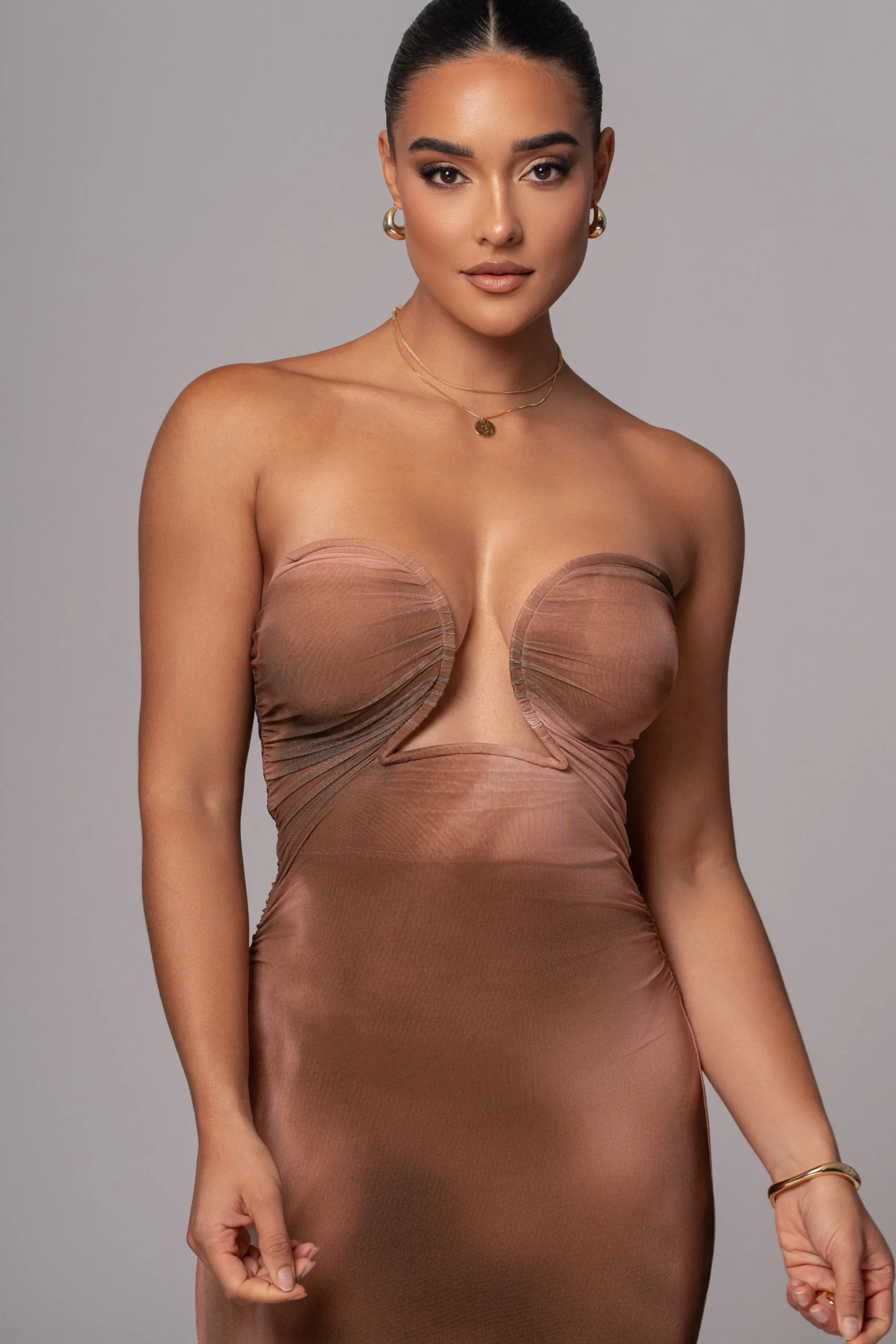 JLUXLABEL Brown Abstract Bethany Strapless Maxi Dress