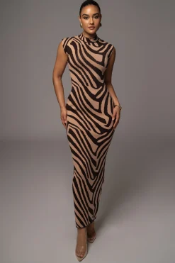 JLUXLABEL Brown Abstract Print Edel Mock Maxi Dress