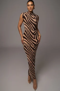 JLUXLABEL Brown Abstract Print Edel Mock Maxi Dress