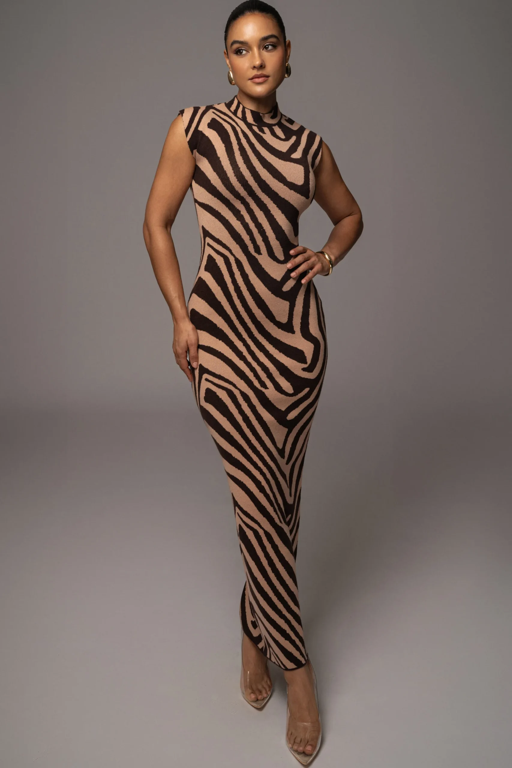 JLUXLABEL Brown Abstract Print Edel Mock Maxi Dress