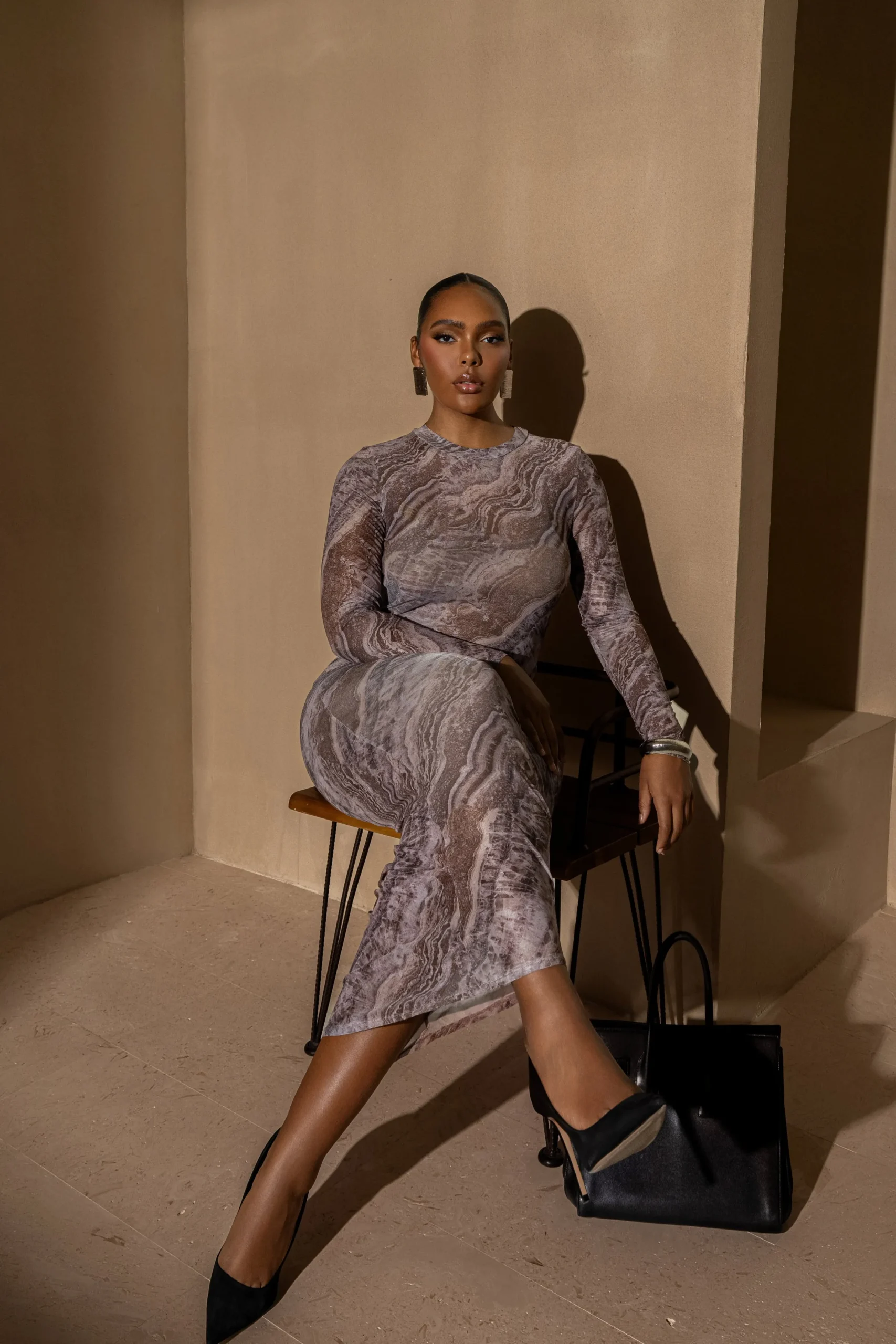 JLUXLABEL Brown Multi Solana Mesh Maxi Dress