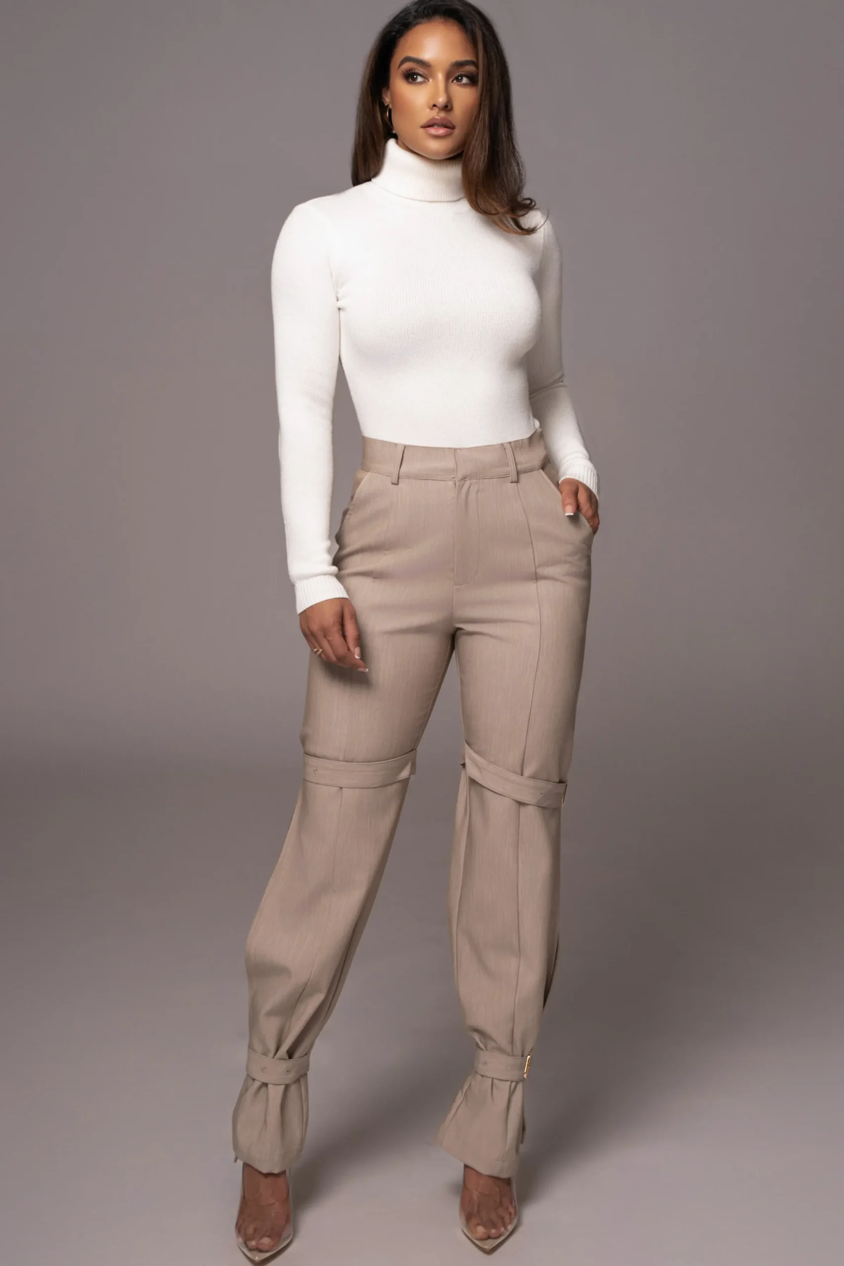 JLUXLABEL Brown Refined Belted Leg Pants