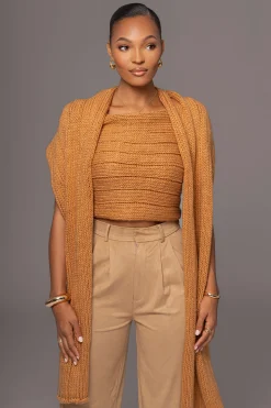 JLUXLABEL Camel Soft Life Cable Knit Sweater Top