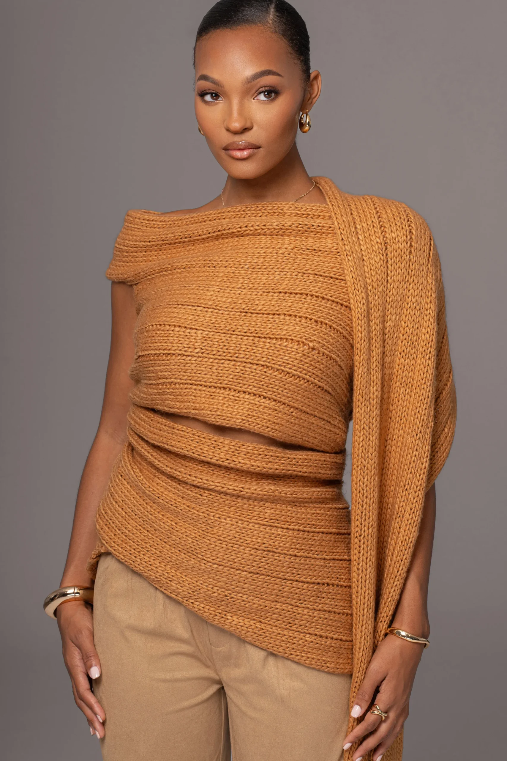 JLUXLABEL Camel Soft Life Cable Knit Sweater Top
