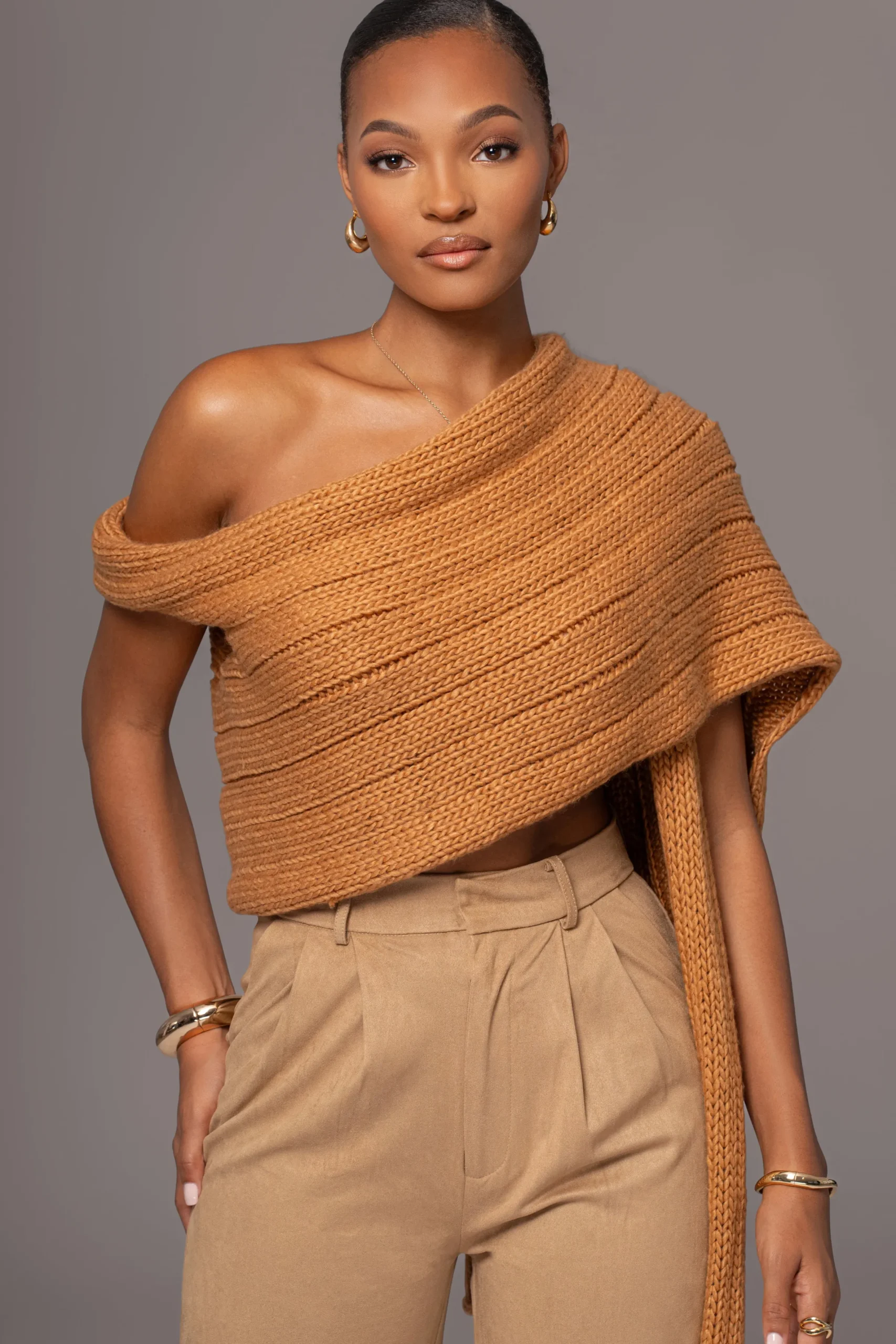 JLUXLABEL Camel Soft Life Cable Knit Sweater Top