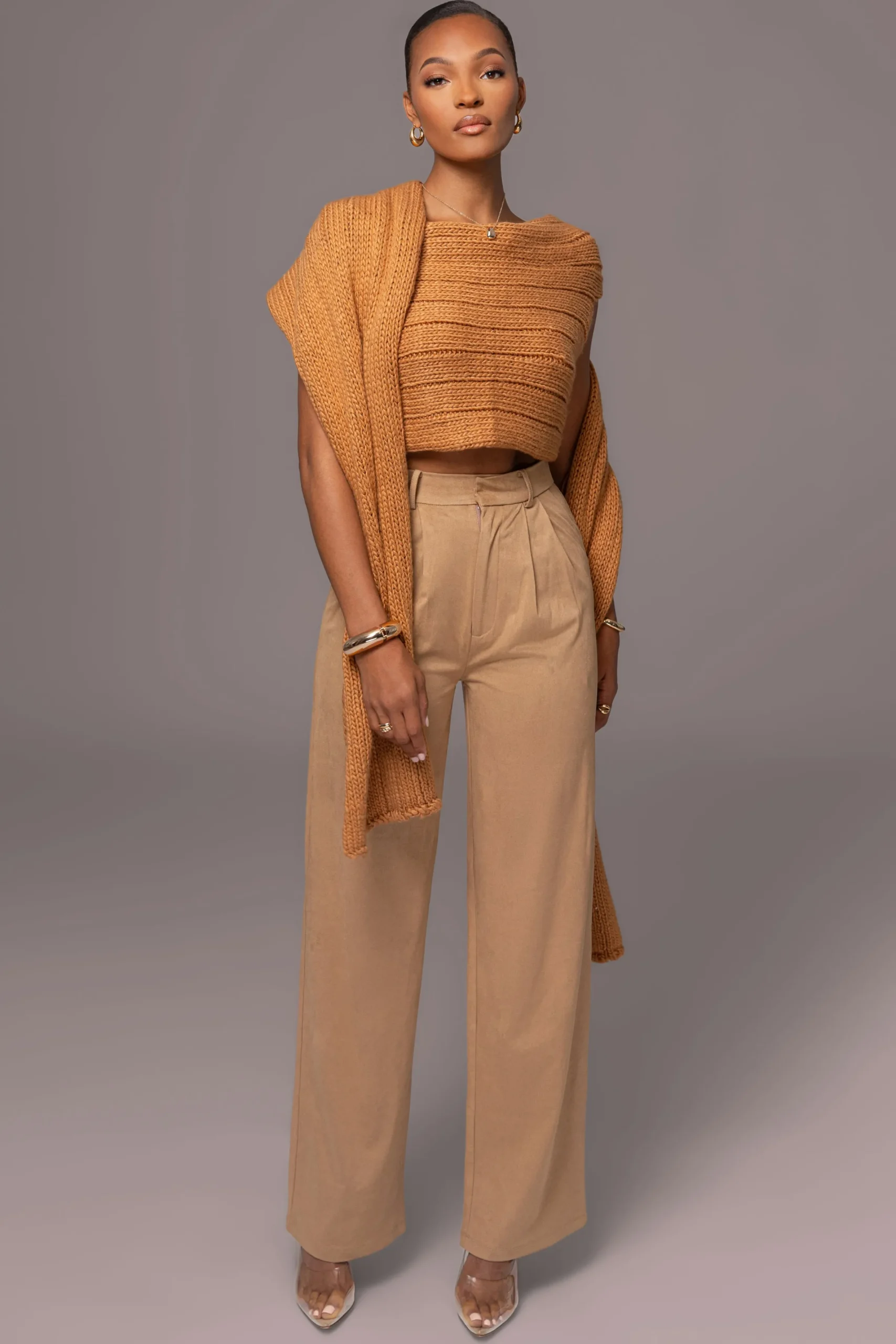 JLUXLABEL Camel Soft Life Cable Knit Sweater Top