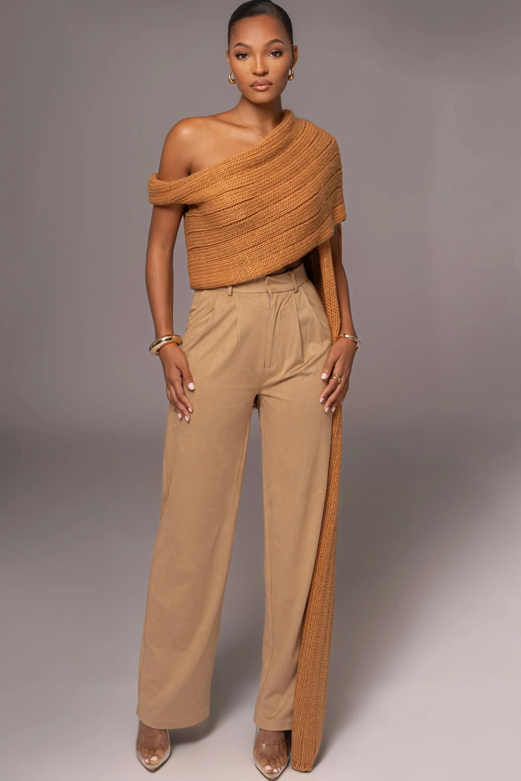JLUXLABEL Camel Soft Life Cable Knit Sweater Top